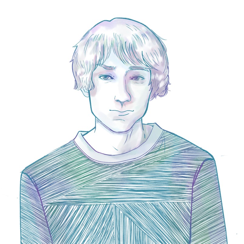 A young man looks at us with a penetrating gaze. His wavy hair gently covers his ears, one lobe peeks out from one side. His t-shirt is drawn in crosshatch with blues, greens and purples.