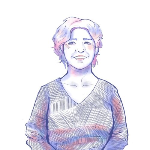 A cross-hatched style drawing of Jenny, a woman with short hair in her forties, peeks to the side and smiles.