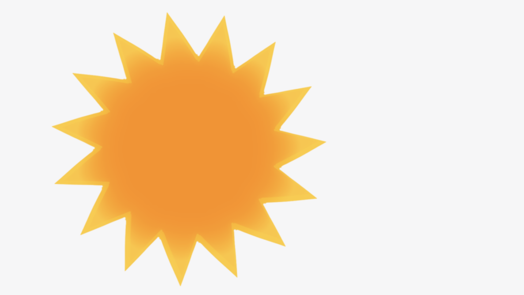 Orange sunburst graphic with a bright yellow outer edge and pointed rays on a light gray background. Image by Mack Mack.